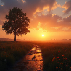 Fototapeta premium Misty Golden Sunrise Over a Lone Tree
