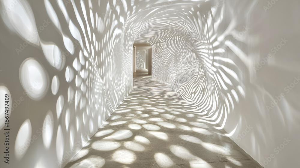 Poster a tunnel with light shadows cast in various shapes onto its curved walls and floor