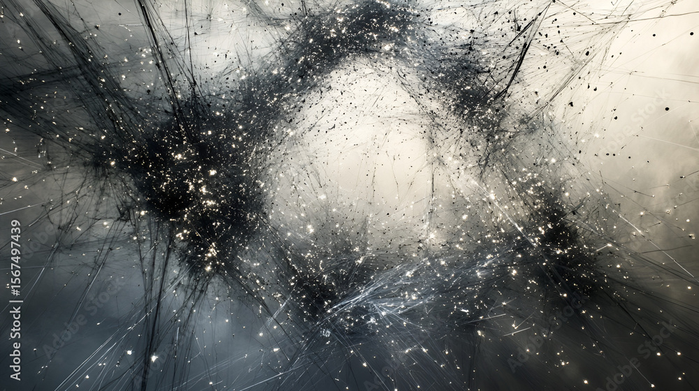 Poster abstract art featuring a central circular void surrounded by dark lines and dispersed white points