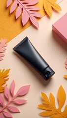 Black tube mockup for cosmetic product packaging with paper leaves and box presentation