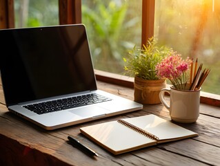 Cozy workspace setup with laptop, notebook, pen, and plants on a wooden desk near window