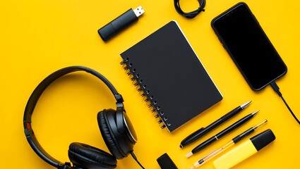 Modern workspace flat lay with headphones notebook smartphone and pens on yellow background
