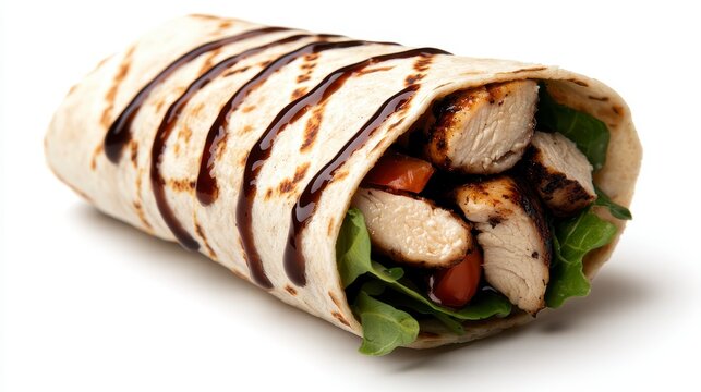 Chicken Caesar wrap with dripping dressing close up flavorful detail surreal Composite white background backdrop. A luscious poultry caesar roll intensely savory sauce vibrant