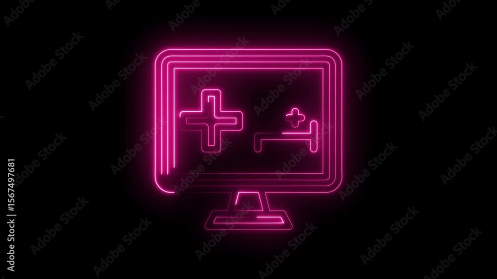 Aufkleber neon pink computer display with plus signs evolving futuristic technology on dark background