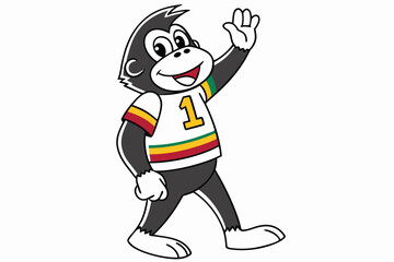 Grinning cartoon monkey sports baseball cap, jersey, sneakers while walking slowly, isolated on white