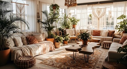 Fototapeta premium Sunlit bohemian living room relaxed with plants and macrame in earthy tones