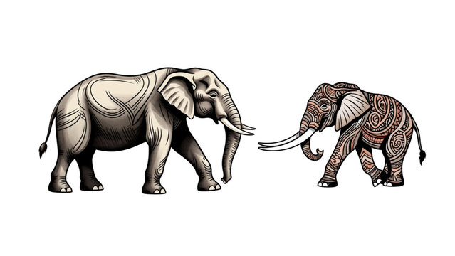 two elephants on white background