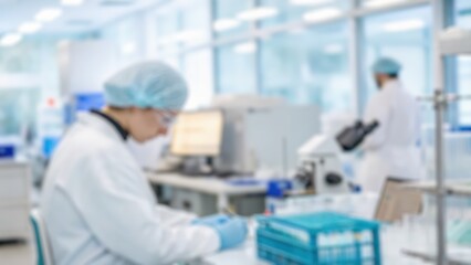 Laboratory setting with scientists working on research and experiments.