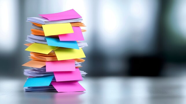 A neat stack of documents and papers showcasing organized materials with colorful tabs for easy identification. Meticulously arranged files a vibrant archive of information readily