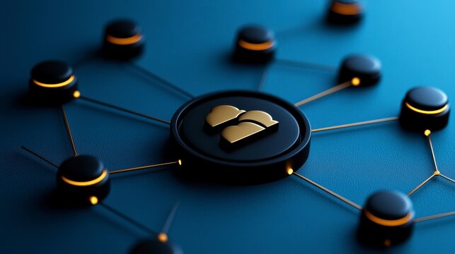 A flat design showing a telecommunications network diagram with connections between different types of devices and servers. A simplified visual representation of a communication