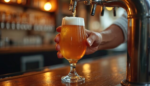 Bartender pours amber ale into glass from tap. Focus on crisp glassware, frothy head, hand serving craft beer. Background shows dimly lit pub with blurred lights. Ideal for bar, brewery, restaurant