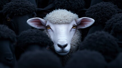 A lone white sheep stands tall among black sheep embodying uniqueness and leadership in a conforming world. An exceptional individual a solitary white lamb displays outstanding qualities
