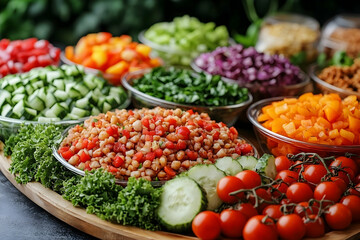 Colorful and Fresh Salad Bar Display with Various Chopped Vegeta
