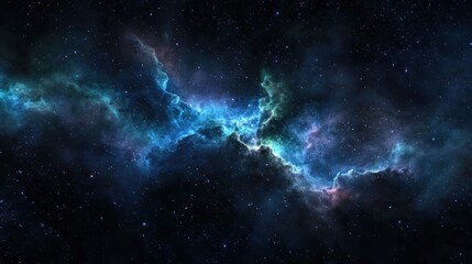 A deep space nebula with swirling clouds of blue, green, and purple hues.