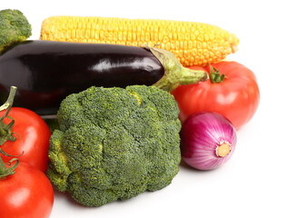 Fresh ripe vegetables on white background, closeup