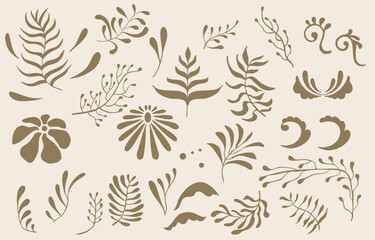 Retro flower and leaves border element object in wavy line style