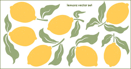 Hand drawn lemons vector set. Flat, with leaves. Mediterranean Italian summer style. Clipart set, editable elements with transparent background. For posters, textiles, wallpapers, packaging, stickers