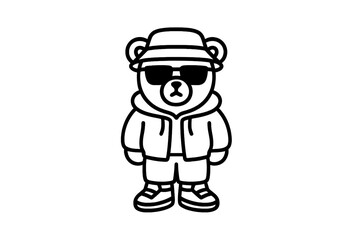 Stylish bear character wearing sunglasses and casual clothing stands confidently against a simple background