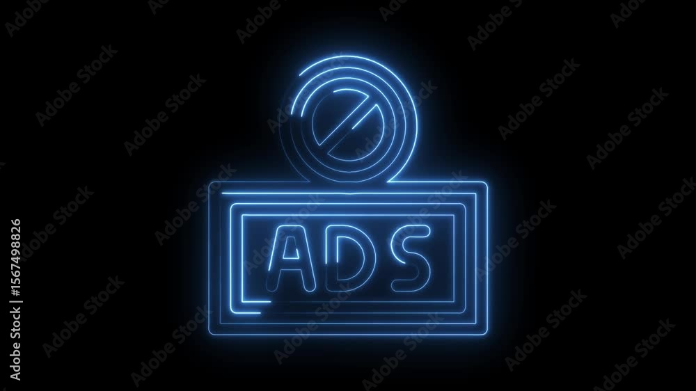 Poster neon style no ads symbol animated icon for ad blocker software technology concept