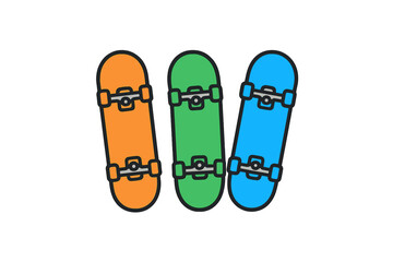 Colorful skateboards arranged in a creative display with vibrant hues in a playful urban setting