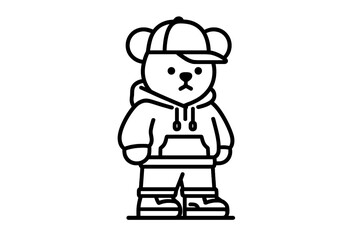 Stylized bear character wearing a cap and hoodie stands confidently in a minimalist design