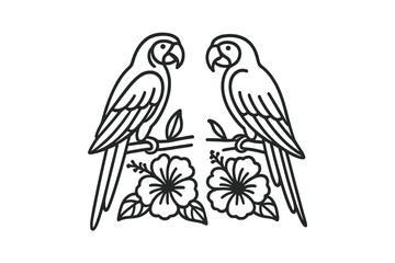 Obraz premium Two colorful parrots perched on branches with vibrant flowers in a tropical setting, showcasing nature?s beauty and wildlife