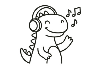 Fototapeta premium Cute dinosaur enjoying music with headphones, bringing a fun vibe to the atmosphere in a playful setting