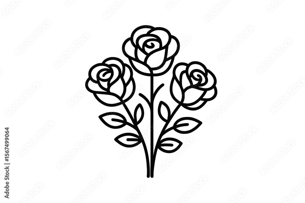 Poster three interconnected roses with simple lines and leaves in a minimalistic design showcasing elegance