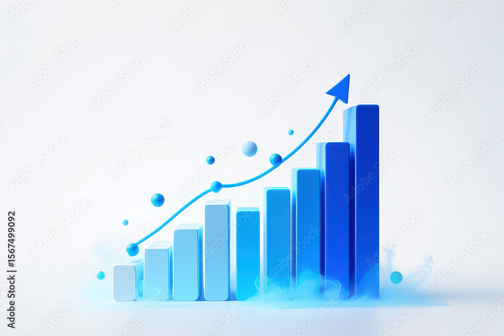 Poster blue bar graph with an upward trend line and spheres on a white background showing growth and progre