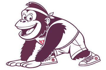 Joyful cartoon monkey with a colorful hat is happily walking in casual shoes