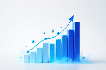 Blue bar graph with an upward trend line and spheres on a white background showing growth and progress