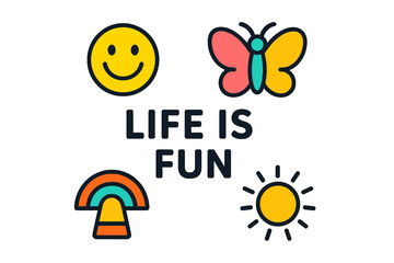 Bright and cheerful design promoting joy and positivity with icons of smiley face, butterfly, rainbow, and sun