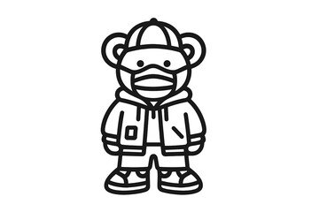Cute cartoon bear character wearing a mask and trendy streetwear outfit stands confidently in a playful design