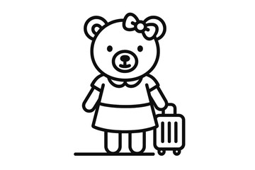 Cute bear character in a dress holding a suitcase ready for adventure on a sunny day