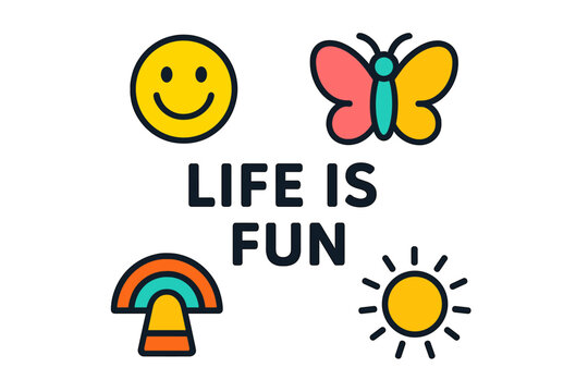 Bright and cheerful design promoting joy and positivity with icons of smiley face, butterfly, rainbow, and sun