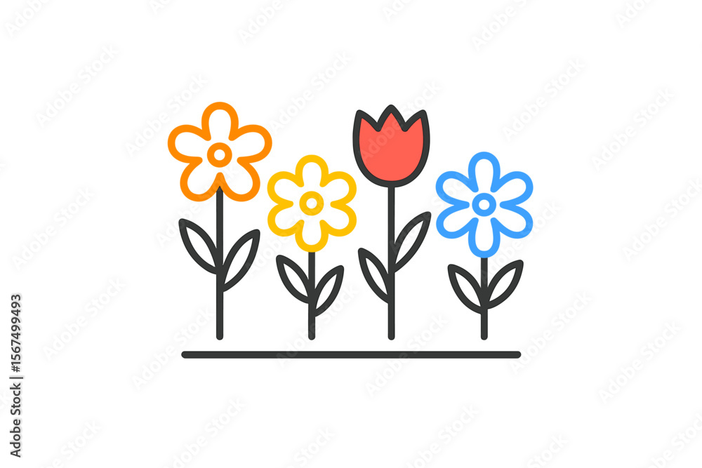 Poster colorful flowers arranged in a row with varying shapes and vibrant hues on a simple background