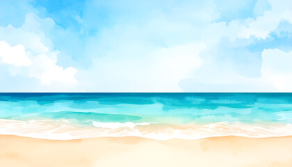 Obraz premium Tranquil Ocean Beach Watercolor with Soft Clouds and Sand