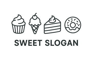 Sweet treats and desserts display featuring cupcakes, ice cream, cake, and donuts in a cheerful design setting