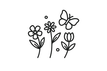 Floral design featuring blossoms and a butterfly on a simple white background