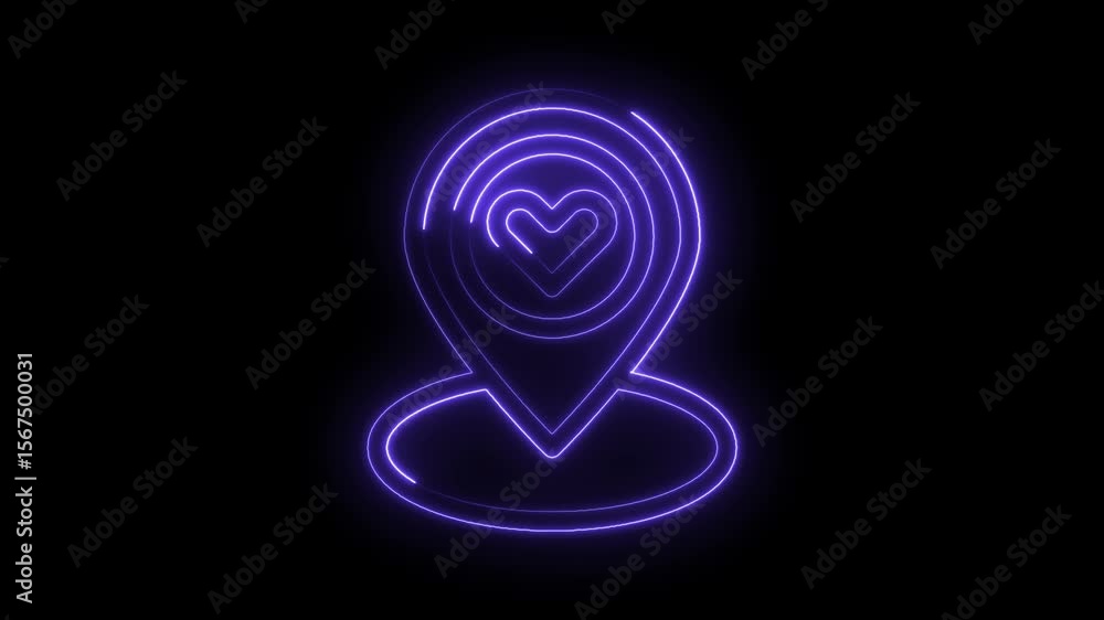 Poster glowing purple location pin with heart symbol on black background animation loop