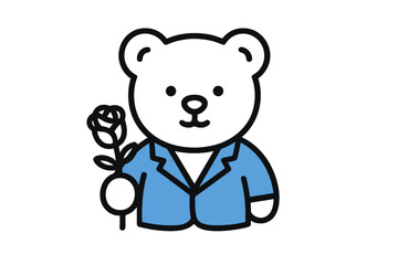 Cute bear character in a blue suit holding a rose, perfect for a charming greeting card design