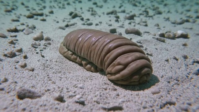 Beige sea cucumber unrolling on sandy seabed
