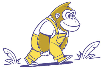 Happy white cartoon gorilla wearing a jersey walks smiling cheerfully to the right