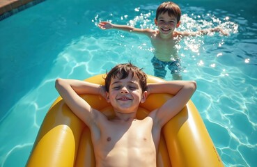 Two children play in swimming pool. One boy lounges on pool deck with yellow floatie, another boy hides behind blue shorts on inflatable pool mattress. Both kids fun, happy faces in sunny summer day.