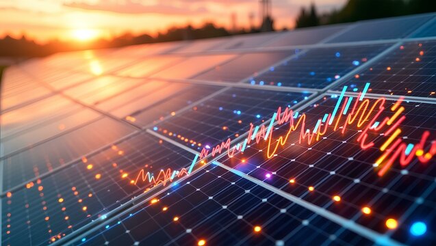 a blends solar panels with a financial data graph
