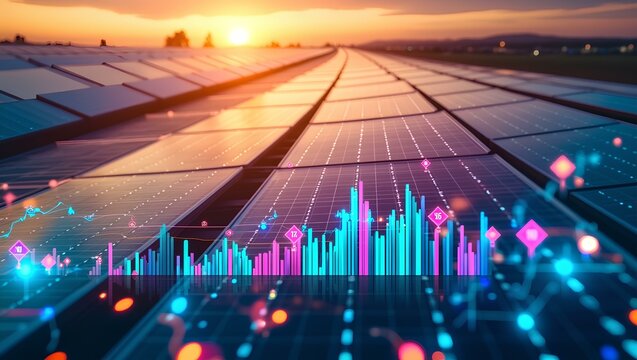 a blends solar panels with a financial data graph