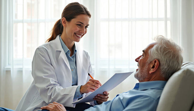 Smiling female doctor consults elderly male patient in medical office, discussing health. Practitioner writes notes on document. Communication, trust, and care define this healthcare interaction.