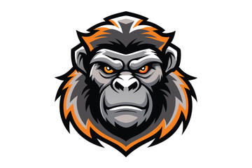 Fierce gorilla head shows orange accents and piercing yellow eyes on a white backdrop