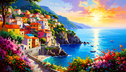 Coastal Town Sunset with Italy.