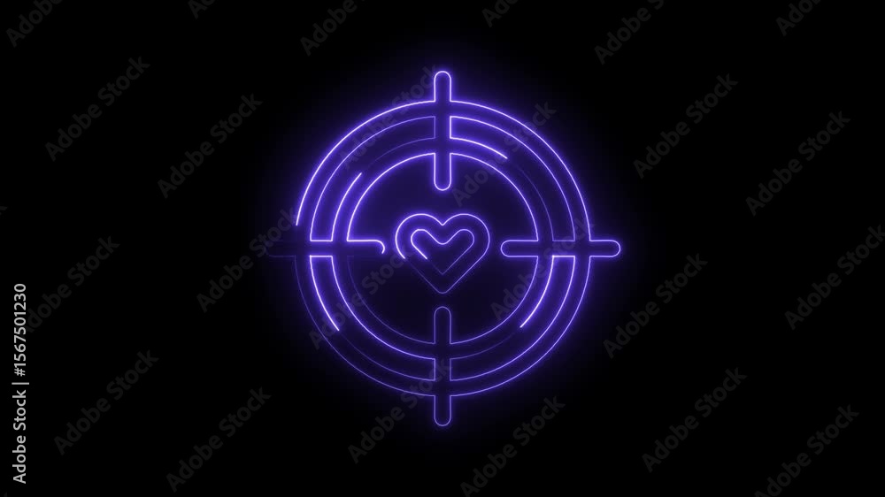 Poster neon heart symbol animated on a black background with a target sight line design